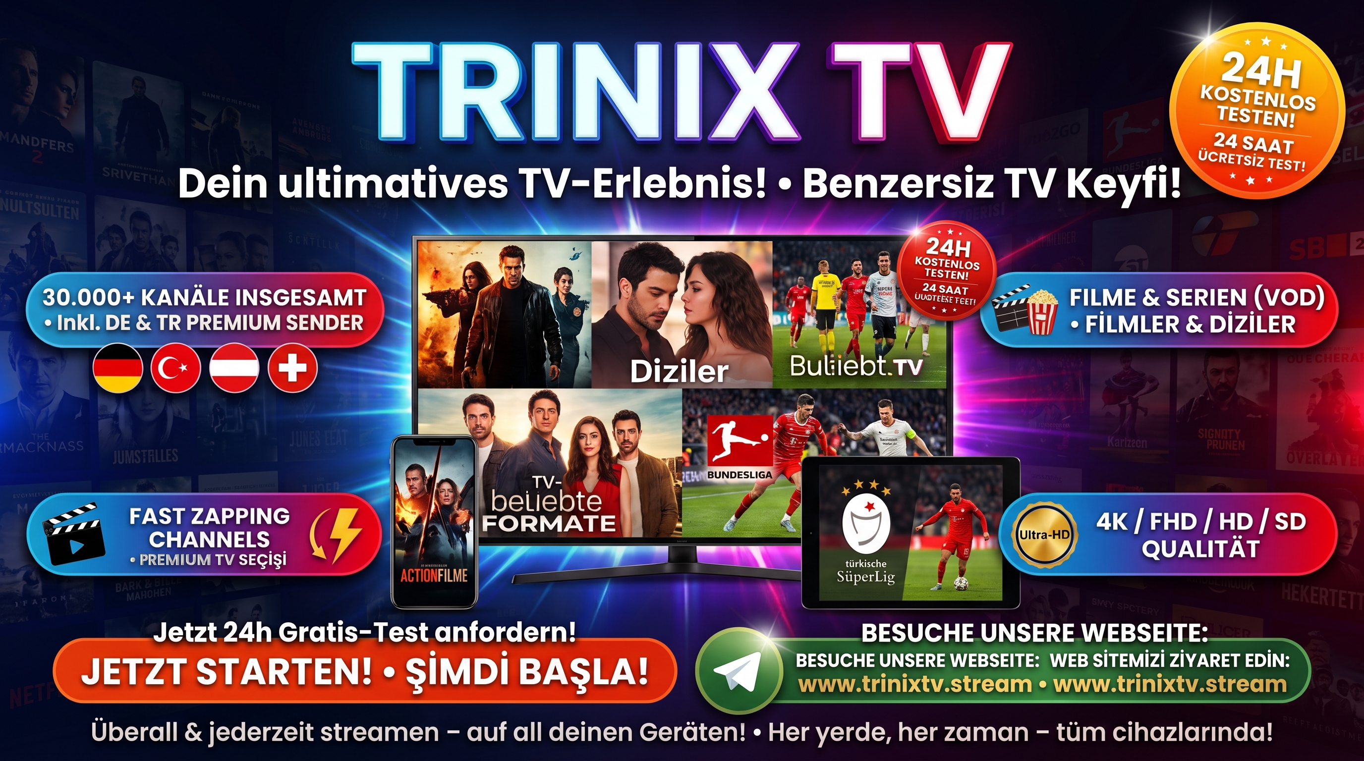 TRINIX TV Werbebanner - Jetzt 24h testen auf trinixtv.stream